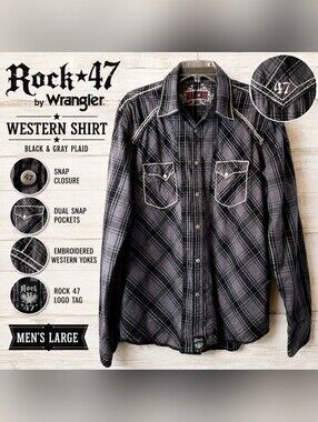 Rock 47 by Wrangler Plaid Rock Western Shirt Black Gray Embroidered Snap Large